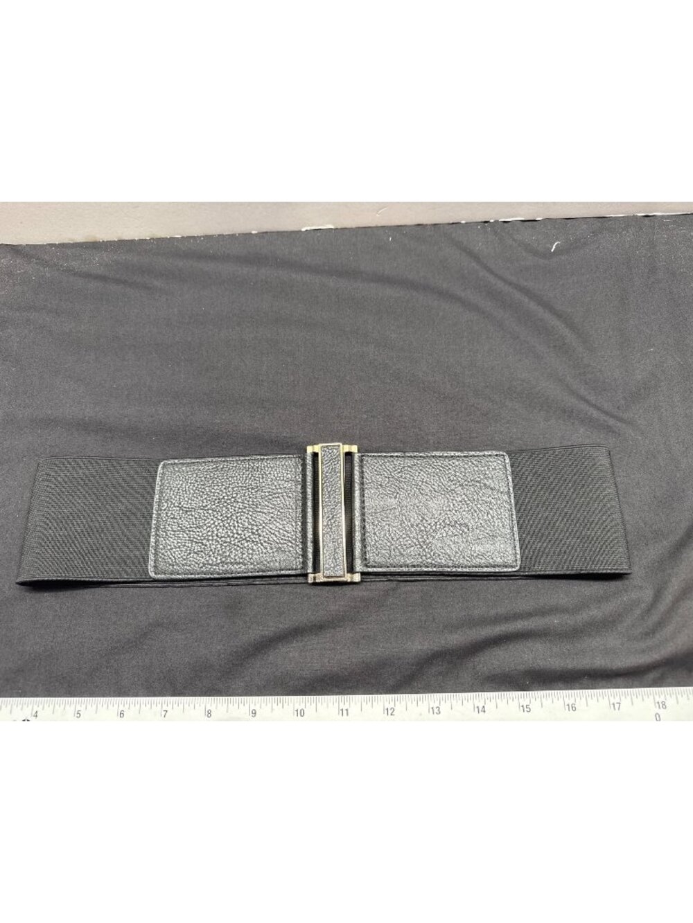 H&M Black Elastic Stretch Belt Faux Leather Panels & Gold Tone Clasp Closure Siz